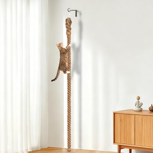 Hanging Cat Climbing Rope, 2 in x 4.92 ft Jute Rope with Hook | 5 cm x 1.5 m Rope, Natural Jute Texture, Wall or Ceiling Mount, Hook and Hardware, Scratch and Climb Use, Indoor Cats - size: 4.92FT