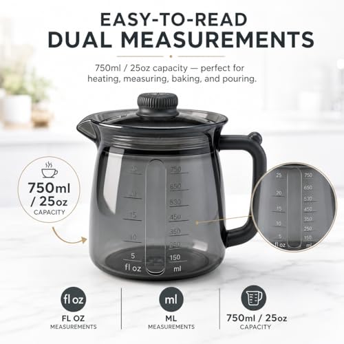 Silicone Microwave Measuring Cup, Milk Warmer Pitcher for Coffee, 25oz | Food-Grade Silicone, V-Spout, Dual Scales, -40°F to 446°F, Dishwasher Safe