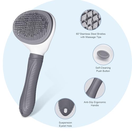 Aogeili Self-Clean Slicker Brush, Deshedding Comb for Dogs Cats Rabbits | One-Click Release Removes Loose Undercoat, Mats & Tangles, for Long & Short Hair Shedding Pets - color: Grey