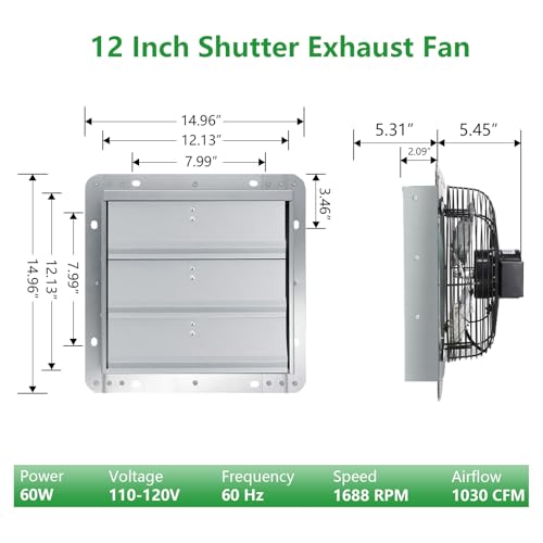 Shutter Exhaust Fan, 12 inch Wall Mount Attic Fans w/Speed Controller,1030 CFM,Chicken Coops Vent Fan for Greenhouse, Gable, Barn, Garage, Shed Ventilation Fan - color: With Speed Control, size: 12 inch