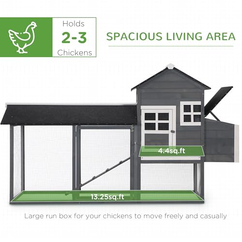 PawHut 84" Wooden Chicken Coop with Run Nesting Box for 2-3 Chickens Gray | Hen House Outdoor, Asphalt Roof, Removable Tray, Ramp, Poultry Cage - color: Gray
