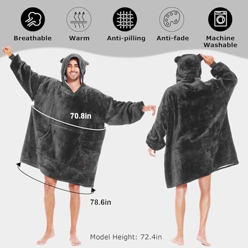 THREE POODLE Wearable Blanket Hoodie for Women, Oversized Sherpa Sweatshirt Blanket for Adults Men, Cozy Gray Hooded Blankets, Gifts for Teen Girls Women Mom Sister - color: Dark Gray, size: Adult