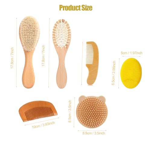 6 Piece Baby Hair Brush & Comb Set, Natural Bamboo & Goat Bristle for Cradle Cap Care, Newborn to Toddler Grooming Kit with Silicone Scrubbers for Scalp Massage