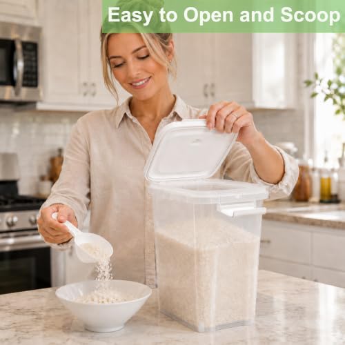 Rice Storage Container 10-15 Lbs, Airtight Flour Dry Food Bin with Scoop | Tight-Lock, Food-Grade Plastic Food Storage Container Dispenser for Cereal, Sugar, Kitchen, Pantry Organizers and Storage - color: Shiny White