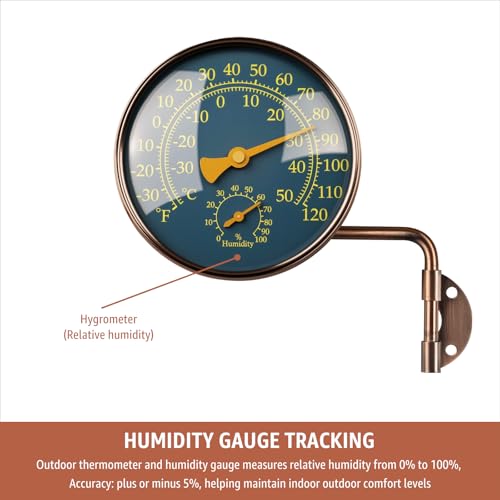 4" Outdoor Thermometer & Humidity Gauge, Brass Analog Dial | Window Thermometer for Outside Temperature & Humidity Monitor, Battery-Free for Patio Garage Greenhouse Garden Wall