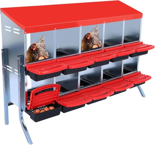 Chicken Nesting Boxes, 10 Holes Metal Chicken Egg Laying Box with Swing Perch and Rollout Egg Collection,for Various Chicken Breeds with Stand - Red 0.7mm - color: Red -10 Holes, size: With Stand