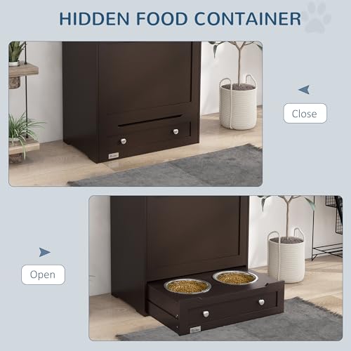 PawHut Dog Feeding Station with Raised Bowls, Pet Feeder Station, Brown | Dog Food Storage Cabinet, Hanger for Feeding & Watering Supplies - color: Coffee