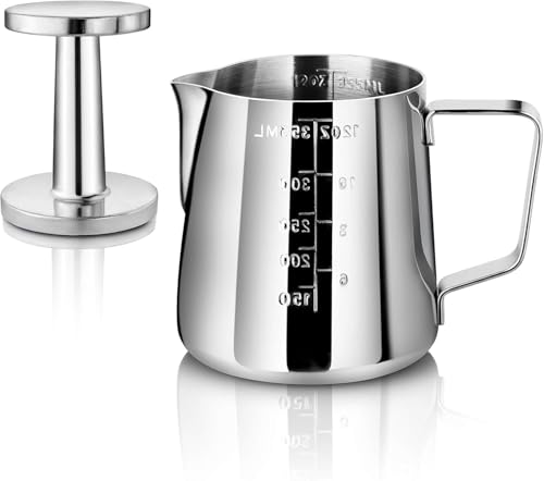 New Star Foodservice 28829 Commercial Grade Stainless Steel 18/8 12-Ounce Frothing Pitcher and Die Cast Aluminum Tamper Combo Set, Silver