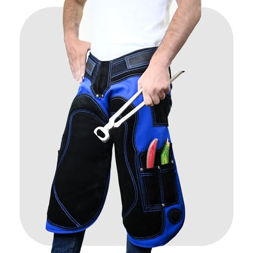 – Farrier Apron Cowhide Leather Hoof Trimming Chaps | with Premium Air Mesh Lining, Foam Knee Pads, 4 Knife Pockets & Nail Magnets | Adjustable Waist for Men & Women (Apron Only) - color: Blue - Black, size: 65cm - 25inch