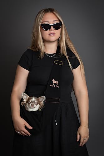 Noah & Paw Dog Sling Carrier for Small Dogs 3-10lb, Dog Sling for Small Dogs and Cats, Dog Carrier with Adjustable Padded Strap, Premium Denim, Lined with Fur, Double Safety Feature, Machine Washable - color: Black, size: 15.0"L x 6.0"W x 5.5"H