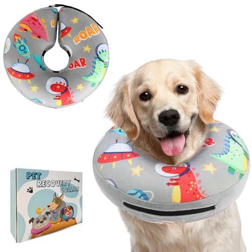 PAWCHIE Inflatable Dog Cone Collar Alternative, Soft Dog Cone for Medium to Large Dogs After Surgery, Adjustable Neck Recovery E-Collars Donut Collar with Cute Dinosaur Prints, Grey L - color: Grey, size: L(Neck:16"-18")