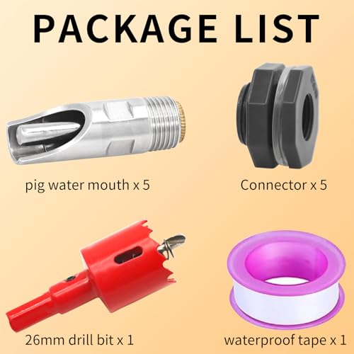 5 Sets Automatic Pig Nipple Drinkers Kit Auto Pig Watering System Stainless Steel with 5 Pcs Brass Water Tank Connector Hole Opener and Tape for Pig Goats Swine Piglets Drinking