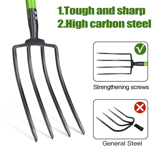 GARDENWORK Garden Fork,45-Inches Pitch Fork with Enhanced&Steel D-Handle | Heavy Duty Gardening Spading Fork with Ergonomic Fiberglass Handle and Metal Tine,45 Inch Spading Fork for Compost, Mulch