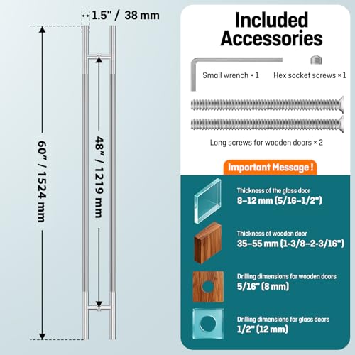Ranbo 60" Knurled Door Pull Handle, 48"(1219mm) CTC, Polished Chrome | Heavy Duty 1.5mm 304 Stainless Steel, Back to Back Pull Handles for Interior/Front /Barn/Commercial/Entrances, Enhanced Grip - size: 60 Inch