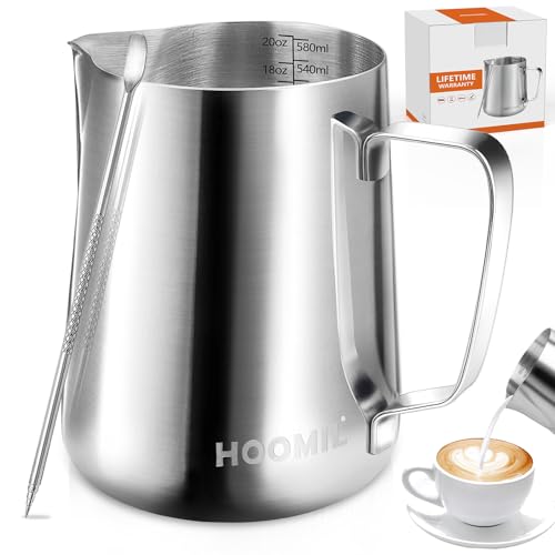 HOOMIL Milk Frothing Pitcher, 12oz/20oz/32oz 304 Stainless Steel | Steaming Pitcher with Clear Scale, Barista Milk Frother Cup Jug for Espresso Machine Coffee Cappuccino Latte Art - 20oz - color: Silver, size: 20 Ounces