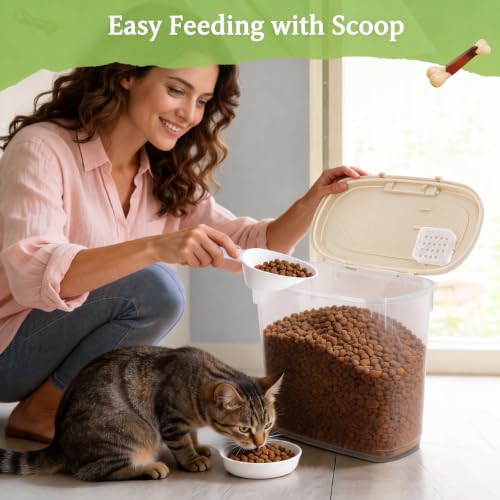 Airtight Dog Cat Pet Food Storage Container 10 Lbs, Slim Tall Dry Food Bin | Clear Plastic Pet Food Treat Container with Lid, Scoop and Cup, Food Storage Bin for Dogs, Cats, Bird Seeds, Kibble, Pellets - color: Cream White