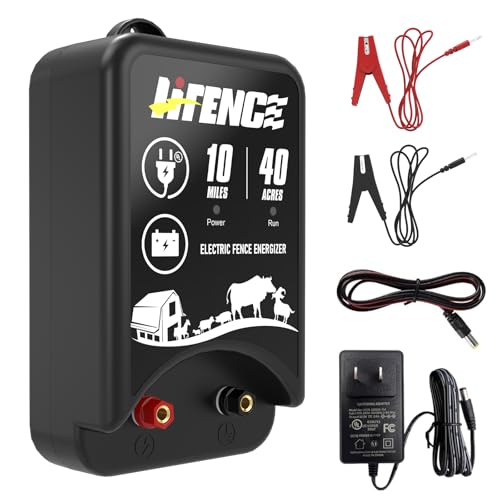 AC/DC 2-in-1 Power Supply, Electric Fence Energizer for 10 Mile Preventing Wild Animal Intrusion, 40 Acre Coverage, 12V Input, 12KV 2 Joule Output, Deter Predators, Contain Cattle, Cow and Livestock - color: BLACK-Base Model