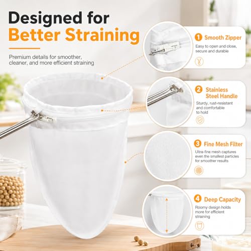 RAINFLOW 3PCS Ultra Fine Mesh Strainer Bags with Stainless Steel Handle | Reusable Nut Milk and Cheesecloth Filter Bags for Straining Milk, Coffee, Juice, Yogurt and Other Kitchen Foods
