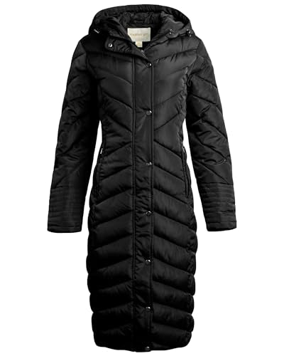 Madden Girl Womens Winter Jacket, Long Maxi Puffer Coat, Hooded Parka | Weather Resistant Full Length Warmth, Zipper and Button Closure, Cozy Insulated Hood, Zip Pockets Cold Weather Ready - color: Black, size: 1X