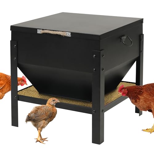 Solution4Patio All Metal Chicken Feeding Box 80 lbs Large Capacity Portable, Waterproof Lid, Hens and Roosters, No Waste Coop Poultry, Galvanized Steel Feeder Standing for Chickens