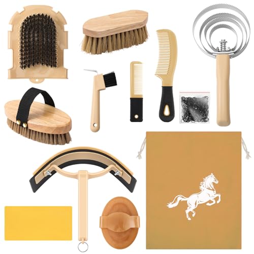 Abbylike 12 Pieces Horse Grooming Kit Racing Festival Tack Room Supplies Horse Brush Sets Equine Care Cleaning Kit Shedding Grooming Massaging Tools(Khaki) - color: Khaki