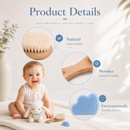 Baby Hair Brush & Comb Set, Organic Wooden Hairbrush Natural Goat Bristles for Newborns & Toddlers, Ideal for Cradle Cap & Itching, Perfect Shower and Registry Gift for Infant, Toddler (2pcs-Blue) - size: 2pcs-Blue