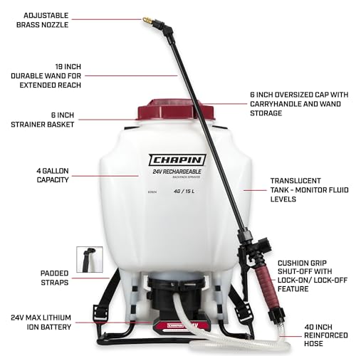 CHAPIN 4-Gallon Battery Backpack Sprayer, Up to 2 Hours Runtime | Chemical-resistant poly tank and seals; anti-clog filtration, padded straps and reinforced hose for extended spraying - size: 4 gal