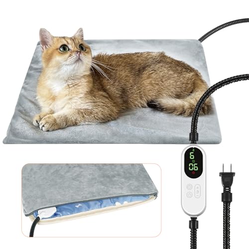 Pet Heating Pad, 9 Adjustable Temperature Cat Heating Pad with Timer, 17.7"x17.7" Waterproof Heated Warming Dog Blanket Bed Mat for Cats Dogs Kitten Puppy Small Animal Indoor with Chew Resistant Cord