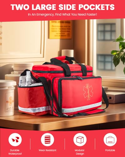 Large Medical Bag Empty, Paramedic Bag EMT Trauma for First Responders | Large Medical Duffle Bag 25.8" Water Resistant, 21 total compartments, 360 Reflective, 4 Dividers, 3 Removable Clear Pouches