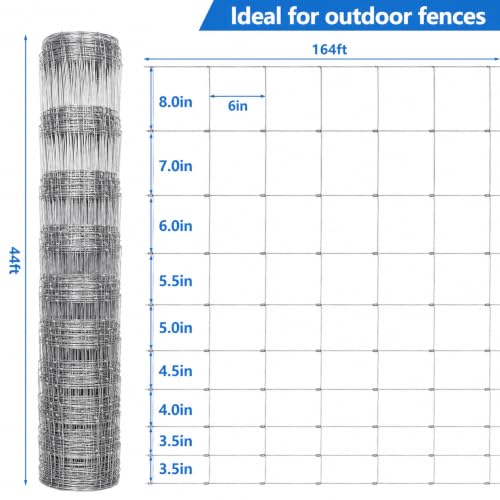 Farm Fence 4ft x 164ft Galvanized Woven Wire Livestock Fence | Heavy Duty Goat Cattle Deer Fence with Hog Wire Mesh for Ranch, Yard, Animal Enclosure, Garden Protection and Farm Boundary - size: 4ft X 164ft