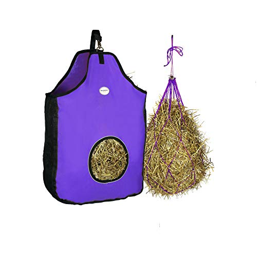Majestic Ally 1200 D Hay Feeder Tote Bag for Horses, Sheep with Reflective Trim- Reduces Waste - Comes with 36” Hay Net (Purple) - color: Purple