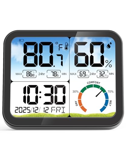 5.8'' Digital Indoor Thermometer Hygrometer, Temp Humidity Monitor & Clock | USB-C & Battery Powered, Large Backlit Display, Calibratable Readings, Max & Min Records, Comfort Level, Date & Time Display - color: Black