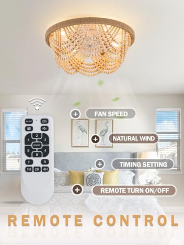 20'' Boho Ceiling Fan with Lights Remote Flush Mount Fandelier | Wood Beaded Coastal Chandelier for Bedroom Living Room, Low Profile Reversible DC Motor 6 Speeds, 4 E26 Bulbs (Not Included) - color: Wood
