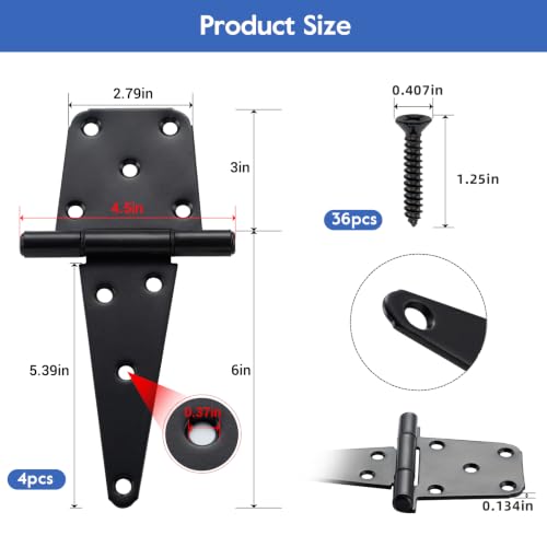 HOME MASTER HARDWARE 6" Heavy Duty Gate Hinges, 4 Pack T-Strap Hinge, Black | Steel Wought Hinges for Wooden Fences, Shed Door, Rotate 270 Degrees, 70LBS Capacity, Included Screws, Black Finish