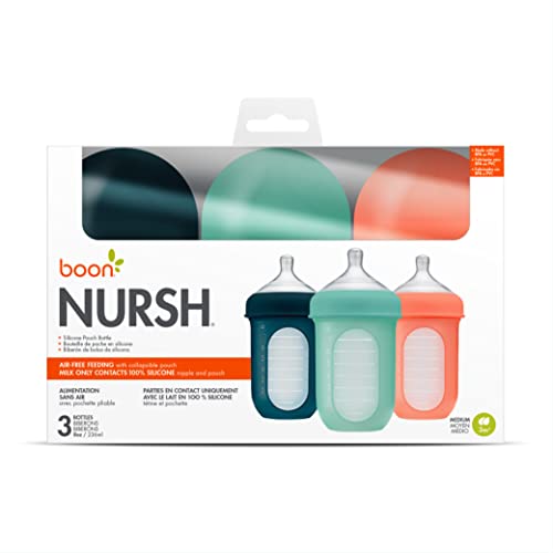 Boon Nursh Bottles - Medium Flow - Silicone Baby Bottles Help Ease Colic Symptoms - Formula and Breast Milk Only Touch Platinum Food-Safe Silicone - Mint - 3-6 Months - 3 Count - 8 Ounce - color: Mint, size: 8 Ounce (Pack of 3)