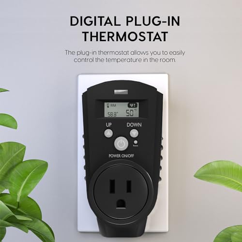 EconoHome Digital Plug in Thermostat - Programmable Thermostat with LCD Screen, Temperature Control & Power Buttons - Compatible with Wall Mount & Portable Heater, Air Cooler, Greenhouse Fans - color: Black, size: Digital Control
