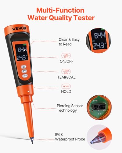 VEVOR Food pH Meter, 0-14 pH Range, IP68 Waterproof Probe, Pocket Tester Kit with Automatic Temperature Compensation, Calibration Powder Packets, Easy to Read, for Food Fermentation, Dough, Meat