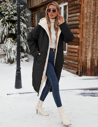 Yusongirl Women's Reversible Long Winter Puffer Coat with Hood and Fleece | Two wearable sides for winter commutes, school runs and city errands, with quilted warmth, soft fleece, a hood and pockets - color: Black, size: X-Large