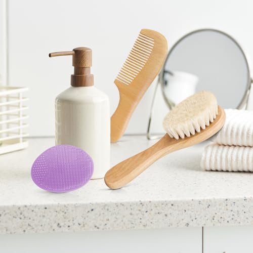 Baby Hair Brush and Comb Set for Newborns & Toddlers | Wooden Baby Brush Set with Soft Goat Bristles l Wood Comb l Purple Cradle Cap Brush| Ideal for Cradle Cap (3 Piece) - color: 3pcs(purple Cradle Cap Brush+hair Brush+wood Comb)