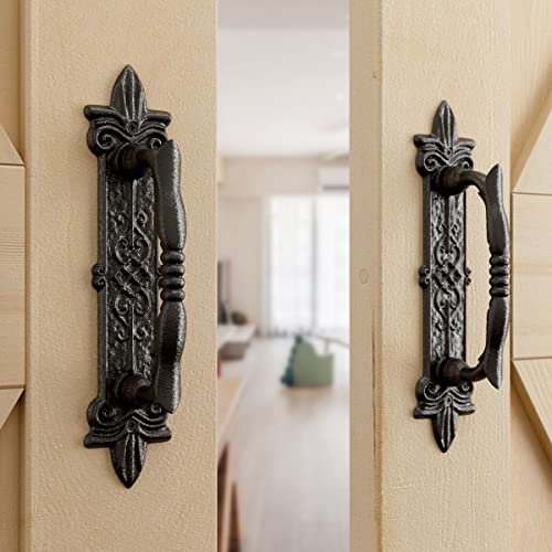 SMARTSTANDARD 9" Barn Door Handle, Heavy Duty Black Powder Coated, 4PCS | Antique Barn Door Handle, Large Rustic Retro Cast Iron Handle for Gates Garages Sheds Furniture, Square - size: 4 handles