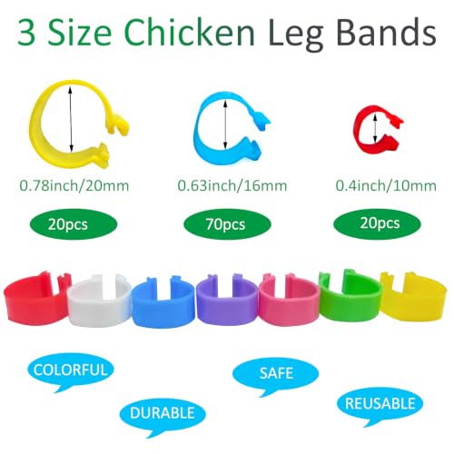 110PCS Chicken Leg Bands,Multicolor Chicken Identification Bands with 3 Sizes,Plastic Leg Bands Snap-On Poultry Leg Rings for Chickens Ducks Goose Quails,Pigeons(0.4/0.6/0.7inch)