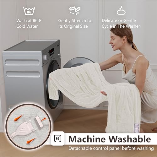 Wapaneus Foot Pocket Heated Blanket Electric Throw with 10 Heating Levels and Auto Shut Off,Flannel Fast-Heating Heated Throw 50" x 60",ETL Listed Machine Washable,Ivory - color: Ivory, size: 50*60in