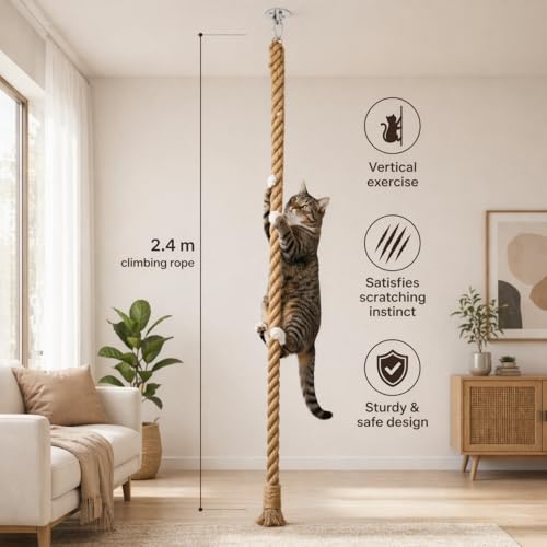 Extra Long 7.9Ft Jute Rope Cat Wall Climber - Heavy Duty Wall Mounted Cat Climbing Pole with Secure Hooks, Indoor/Outdoor Furniture for Active