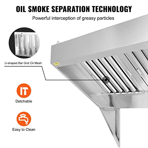 VEVOR Commercial Exhaust Hood, 4FT Food Truck Hood Exhaust, 201 Stainless Steel Concession Trailer Hood with 2 Detachable U-shaped Grid Oil Filter Mesh, Rust Resistant Vent Hood for Kitchen Restaurant | Concession Trailer Hood with 2 Detachable U-shaped G