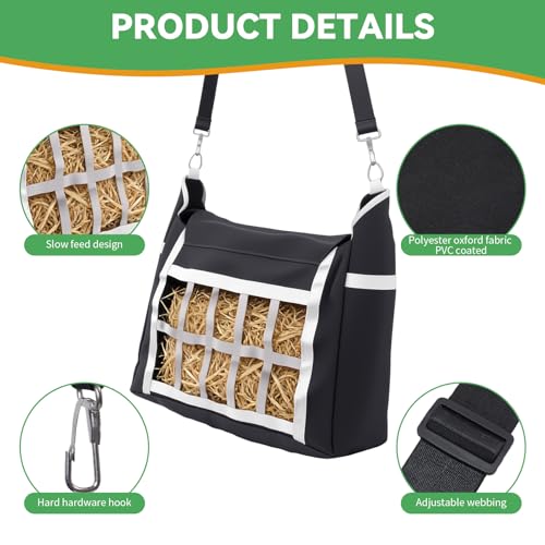 Slow Feeder Horse Hay Bag, Design for Goats ,Horse ,Donkey ,Sheep,Premium Oxford Hay Feed Bags with Front Hay Nets Design, Large Opening with Drawstring and Adjustable Strap for Easy Hanging, 1 pc - size: 1 Pcs