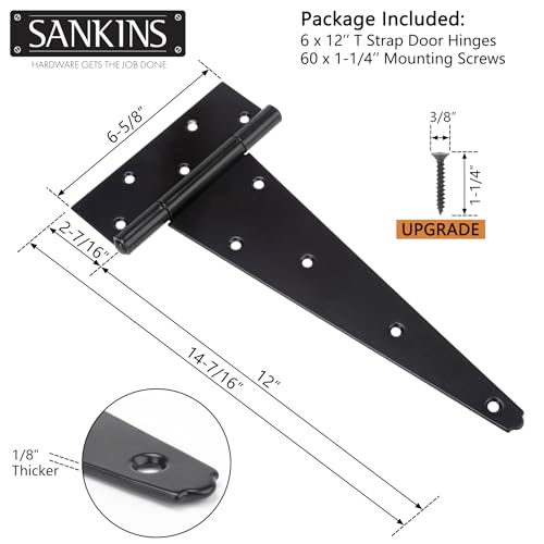 12 Inch T-Strap Shed Door Hinges Heavy Duty, Black Tee Hinge for Wooden Fences, Yard Door, Barn Door Gates, Wrought Hardware Rustproof, 6 PCS - color: 6 pcs, size: 12 Inch