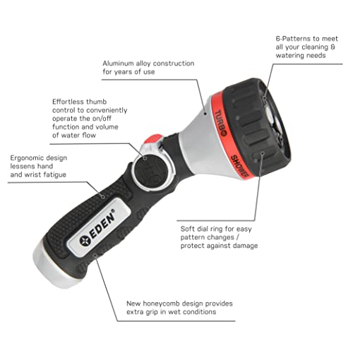 Eden 94824 Heavy Duty Metal Thumb-Control Garden Hose Spray Nozzle 6-Pattern High Pressure Sprayer W/Quick Connector for Hose Watering Garden&Lawn, Showering Pets& Outdoor Fun, Car Washing - style: Straight Thumb Control