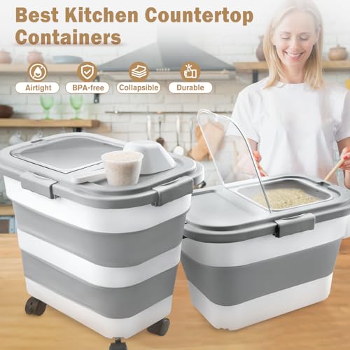 Rice Storage Container, Collapsible Airtight Food Storage Containers 20-30 Lbs, Rice Dispenser Bin with Cup and Scoop for Flour Cereal Pasta Grain, Cat Bird Pet Dog Food Storage Container - size: 20-30 Lbs