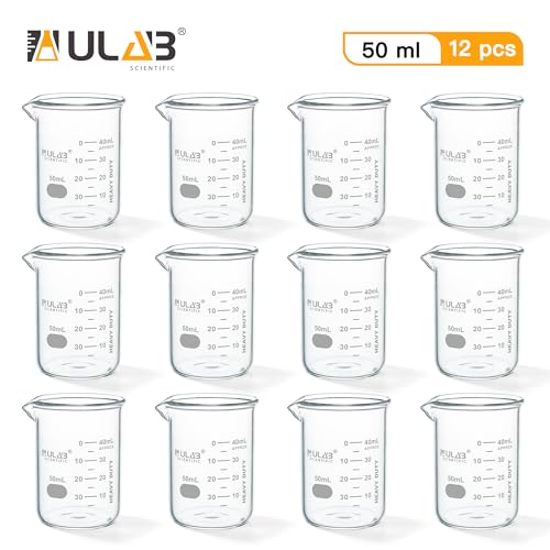 ULAB Scientific Glass Beakers Shot Glass, Vol. 50ml, 3.3 Borosilicate Griffin Low Form with Printed Graduation, Pack of 12, UBG1013 - style: Vol.50ml,Pack of 12