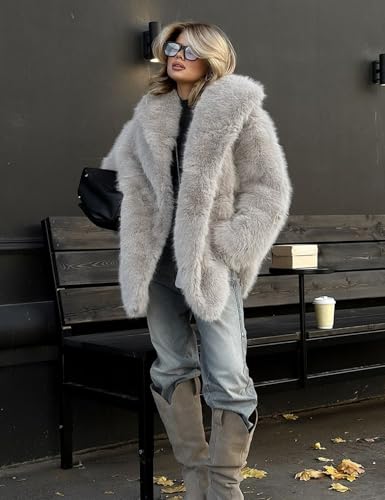 COZYPOIN Womens Faux Fur Coats Mid Long Warm Winter Fluffy Jackets | Shawl Collar, Long Sleeve, Pockets, Snap Button, Smooth Lining, Loose Fit, Fuzzy Shaggy Coat, for Daily Party Holiday Wear - color: Taupe, size: Medium